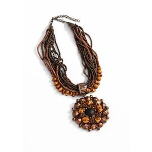 Brown Multi Strand Beaded Necklace Statement Pendant Boho Tribal 11”